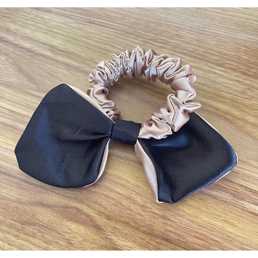 Satin bow scrunchie women and girls black with chocolate